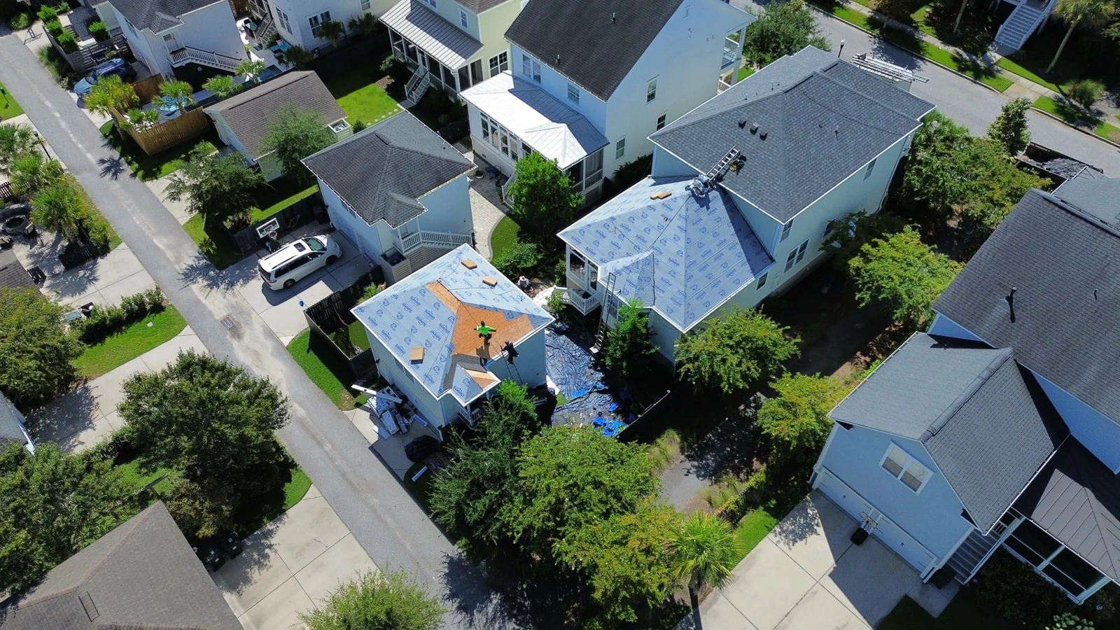 Daniel Island roof during tear-off and shingle installation